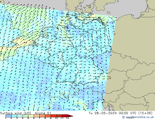 wiatr 10 m (bft) Arome 01 wto. 28.05.2024 00 UTC