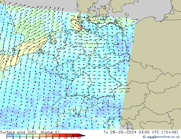Rüzgar 10 m (bft) Arome 01 Sa 28.05.2024 03 UTC