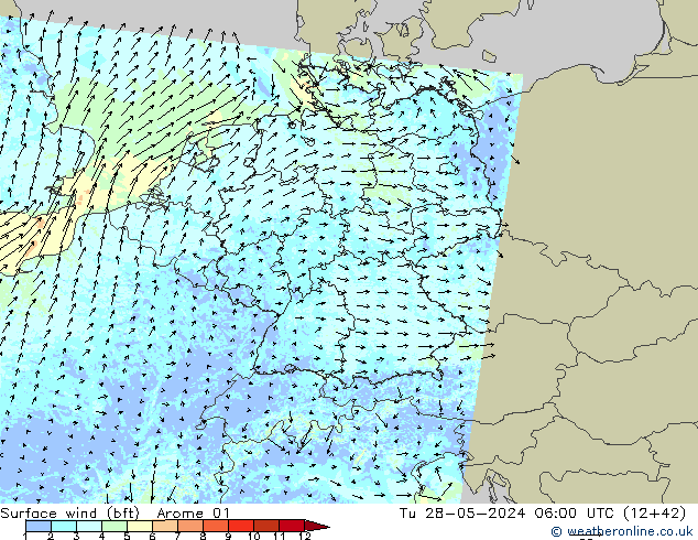 Wind 10 m (bft) Arome 01 di 28.05.2024 06 UTC