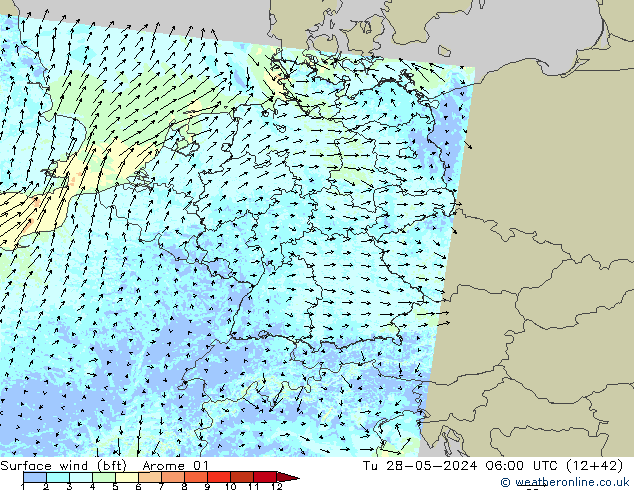 Surface wind (bft) Arome 01 Út 28.05.2024 06 UTC