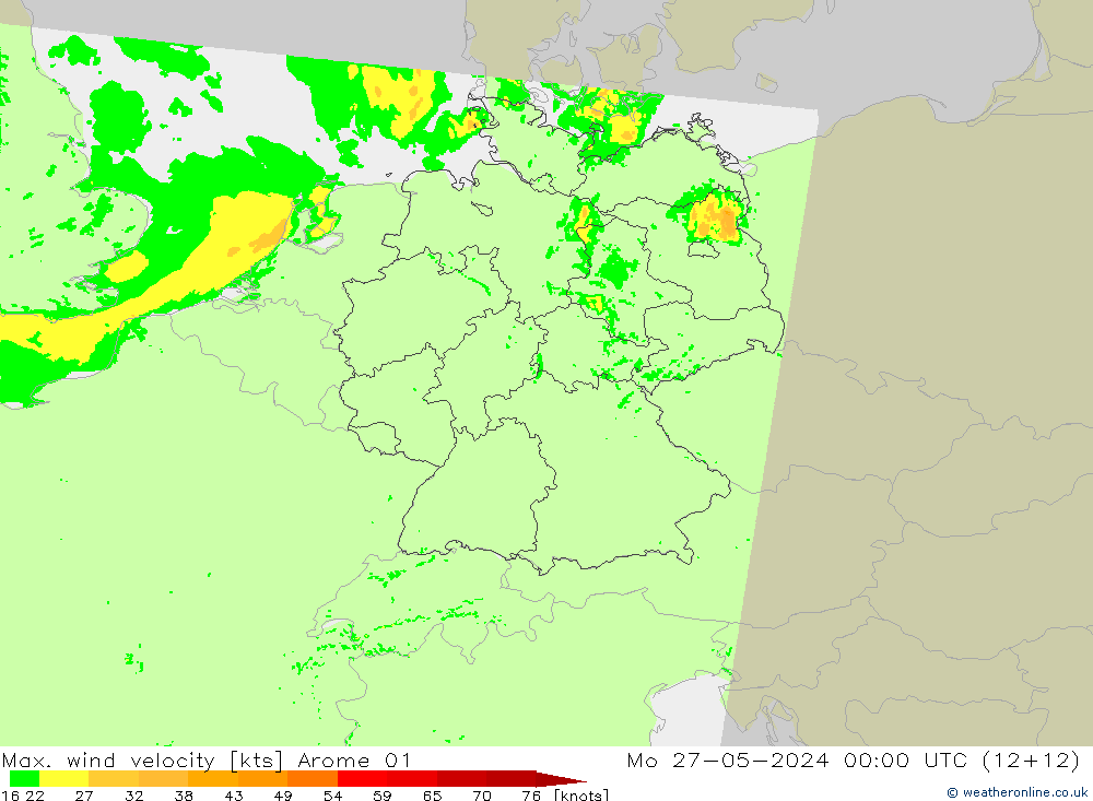 Max. wind velocity Arome 01 Mo 27.05.2024 00 UTC