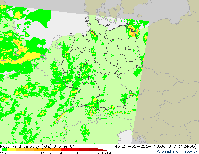 Max. wind velocity Arome 01 Mo 27.05.2024 18 UTC