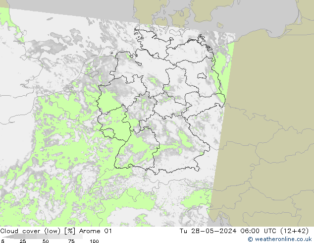 Cloud cover (low) Arome 01 Tu 28.05.2024 06 UTC