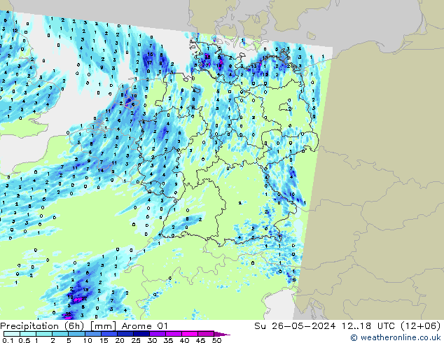 Precipitation (6h) Arome 01 Su 26.05.2024 18 UTC