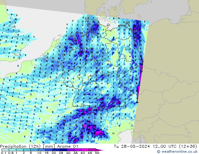 Precipitation (12h) Arome 01 Út 28.05.2024 00 UTC