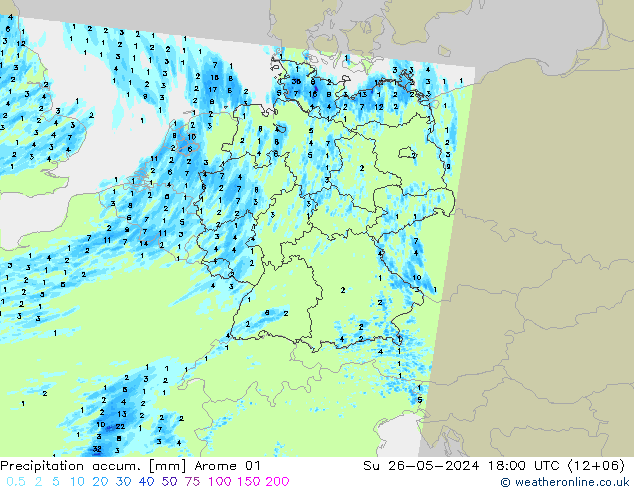 Precipitation accum. Arome 01 星期日 26.05.2024 18 UTC