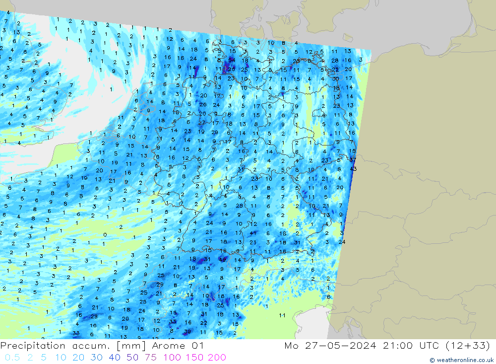 Precipitation accum. Arome 01  27.05.2024 21 UTC