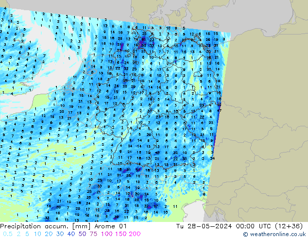 Precipitation accum. Arome 01 wto. 28.05.2024 00 UTC