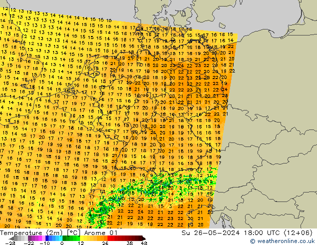 Temperatura (2m) Arome 01 dom 26.05.2024 18 UTC