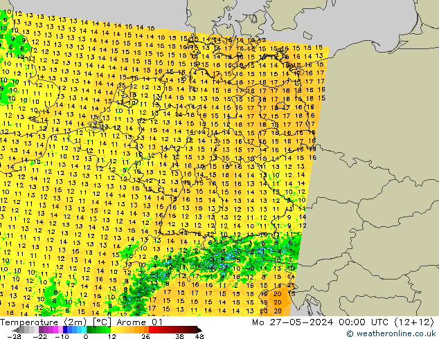 Temperatura (2m) Arome 01 lun 27.05.2024 00 UTC