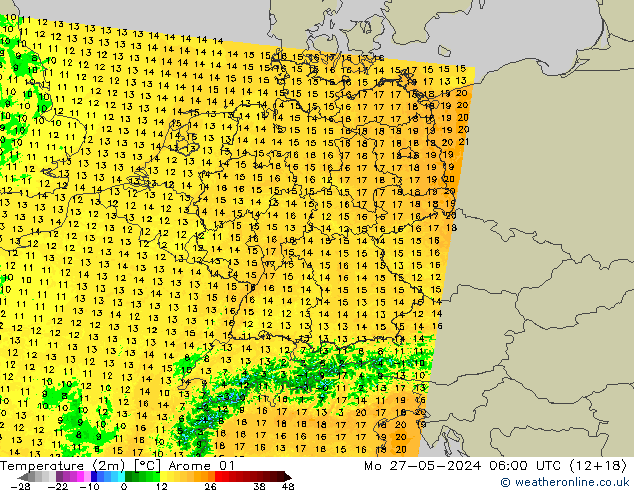 Temperature (2m) Arome 01 Mo 27.05.2024 06 UTC