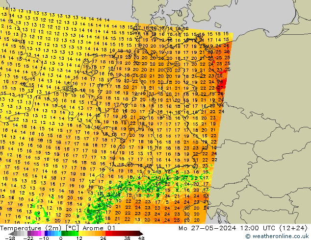 Temperaturkarte (2m) Arome 01 Mo 27.05.2024 12 UTC