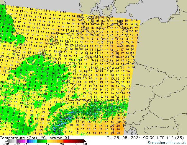 Temperature (2m) Arome 01 Tu 28.05.2024 00 UTC