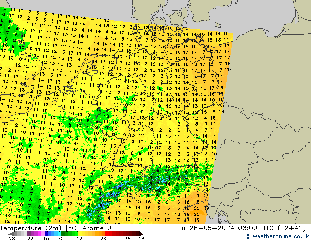 Temperatuurkaart (2m) Arome 01 di 28.05.2024 06 UTC