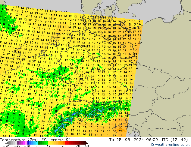 Temperatura (2m) Arome 01 Ter 28.05.2024 06 UTC