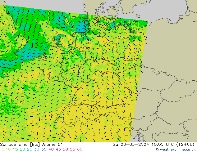 Viento 10 m Arome 01 dom 26.05.2024 18 UTC