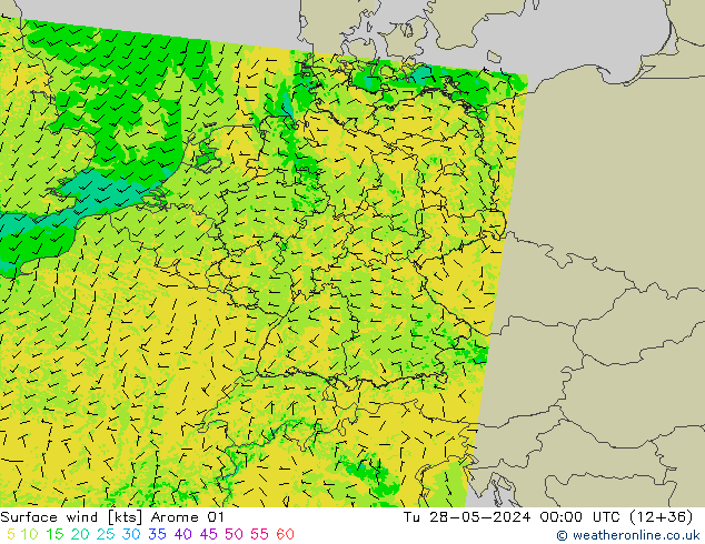 Surface wind Arome 01 Út 28.05.2024 00 UTC