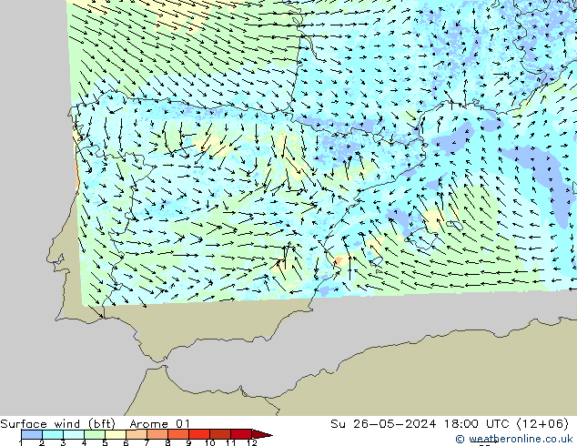 Surface wind (bft) Arome 01 Su 26.05.2024 18 UTC