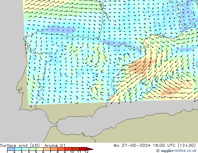 Rüzgar 10 m (bft) Arome 01 Pzt 27.05.2024 18 UTC