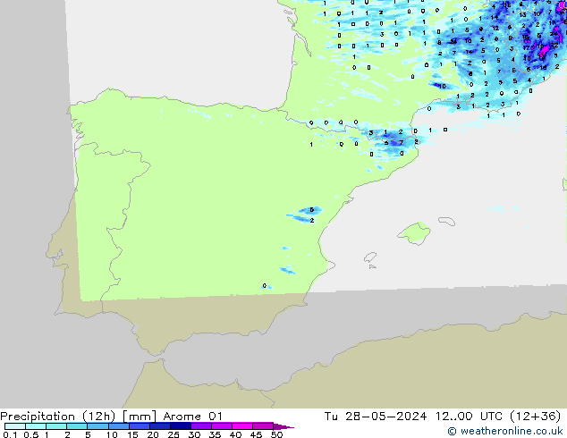 Precipitation (12h) Arome 01 Út 28.05.2024 00 UTC