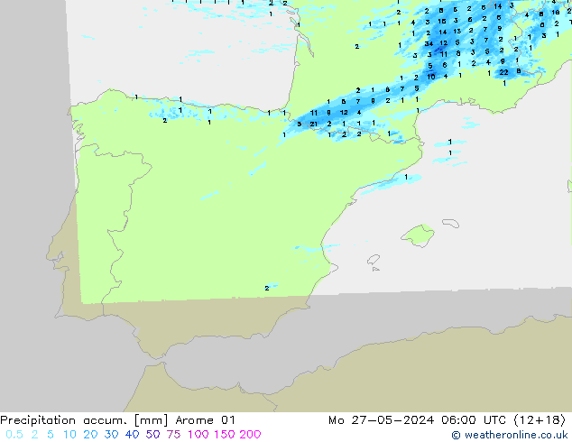 Precipitation accum. Arome 01 Seg 27.05.2024 06 UTC