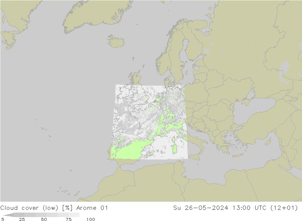 Bewolking (Laag) Arome 01 zo 26.05.2024 13 UTC