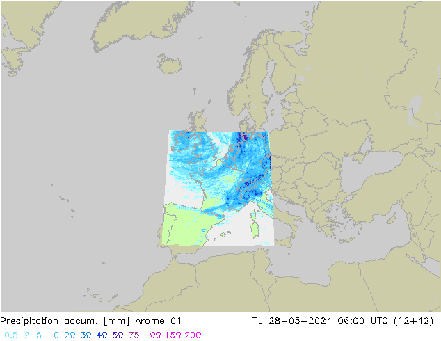 Totale neerslag Arome 01 di 28.05.2024 06 UTC