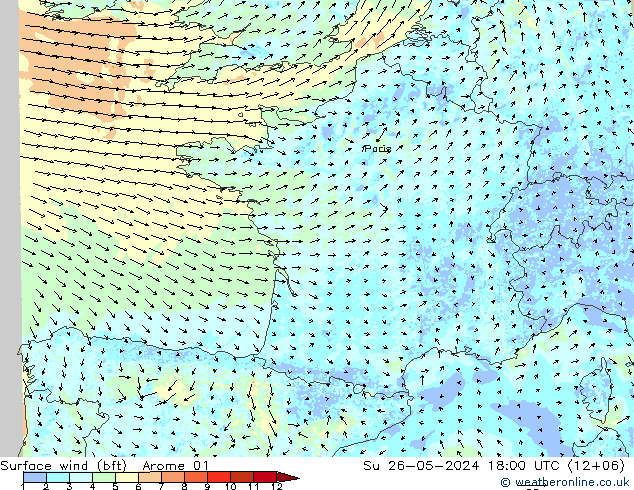 Surface wind (bft) Arome 01 Su 26.05.2024 18 UTC