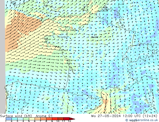 Wind 10 m (bft) Arome 01 ma 27.05.2024 12 UTC