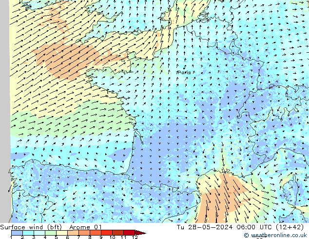 Surface wind (bft) Arome 01 Út 28.05.2024 06 UTC