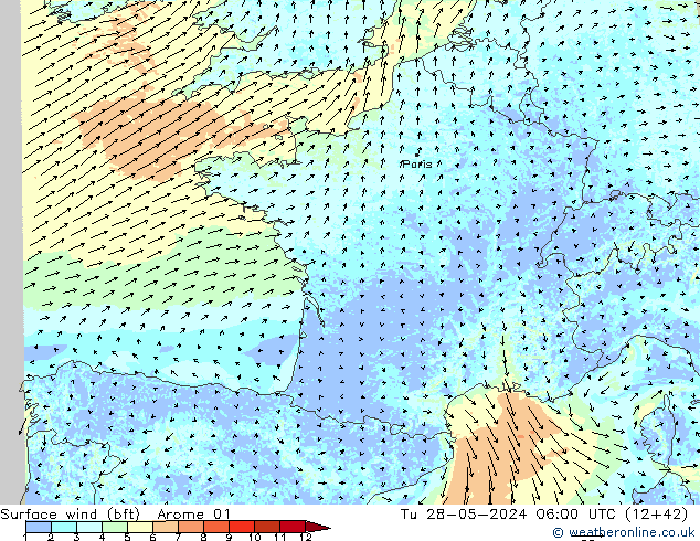 Vent 10 m (bft) Arome 01 mar 28.05.2024 06 UTC