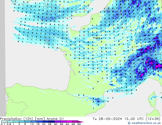 Precipitation (12h) Arome 01 Tu 28.05.2024 00 UTC