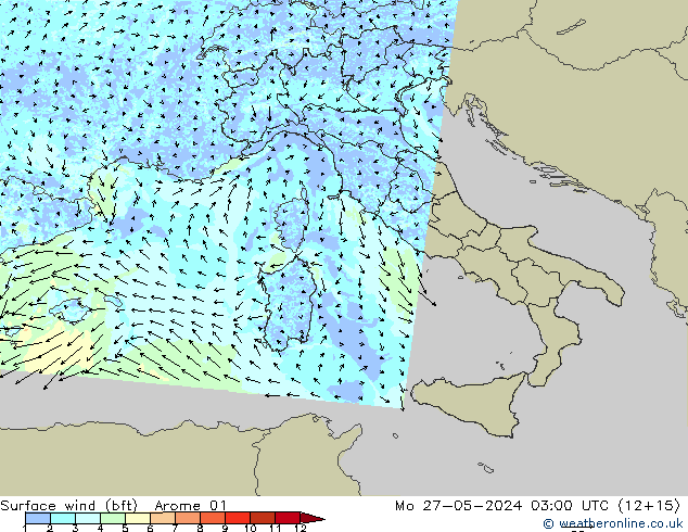 Wind 10 m (bft) Arome 01 ma 27.05.2024 03 UTC