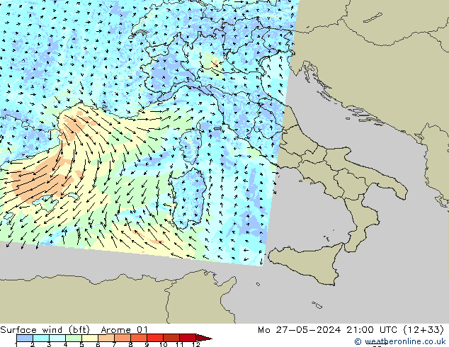 Wind 10 m (bft) Arome 01 ma 27.05.2024 21 UTC