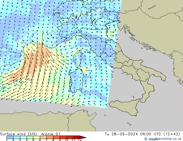 Viento 10 m (bft) Arome 01 mar 28.05.2024 06 UTC