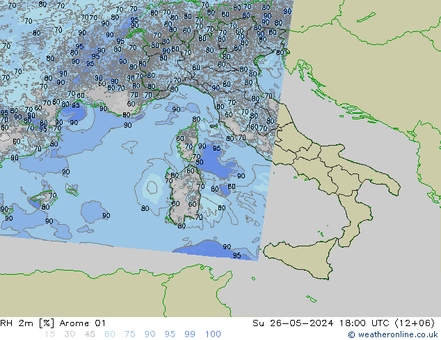 RH 2m Arome 01 Dom 26.05.2024 18 UTC