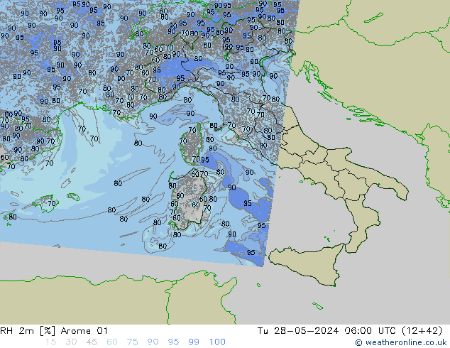 RH 2m Arome 01 Tu 28.05.2024 06 UTC