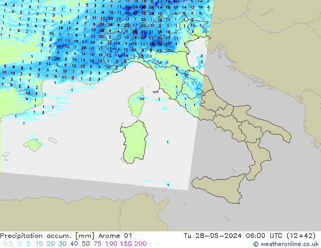 Precipitation accum. Arome 01 wto. 28.05.2024 06 UTC