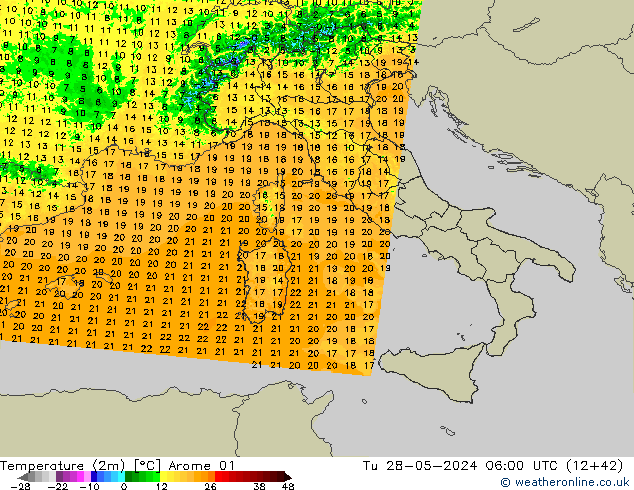 mapa temperatury (2m) Arome 01 wto. 28.05.2024 06 UTC