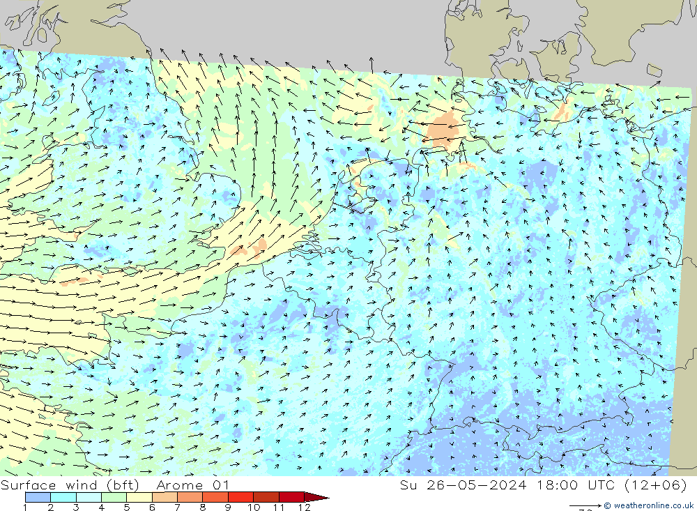 Bodenwind (bft) Arome 01 So 26.05.2024 18 UTC