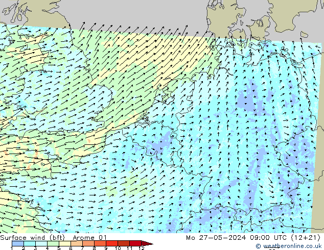 Bodenwind (bft) Arome 01 Mo 27.05.2024 09 UTC