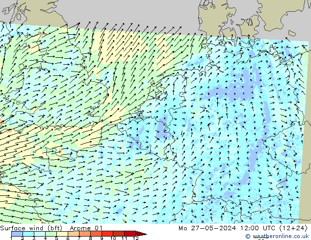 Bodenwind (bft) Arome 01 Mo 27.05.2024 12 UTC