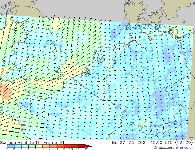 Surface wind (bft) Arome 01 Mo 27.05.2024 18 UTC