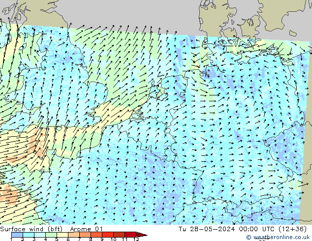 Wind 10 m (bft) Arome 01 di 28.05.2024 00 UTC