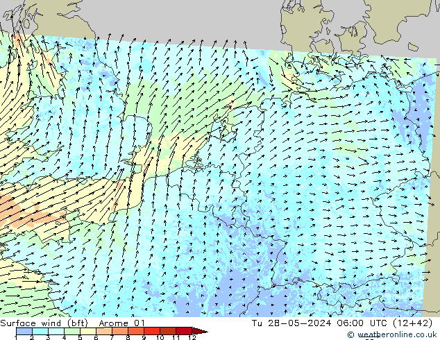 Surface wind (bft) Arome 01 Tu 28.05.2024 06 UTC