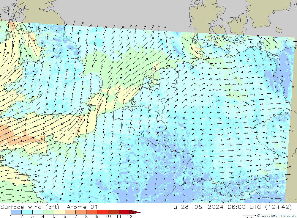 Surface wind (bft) Arome 01 Út 28.05.2024 06 UTC