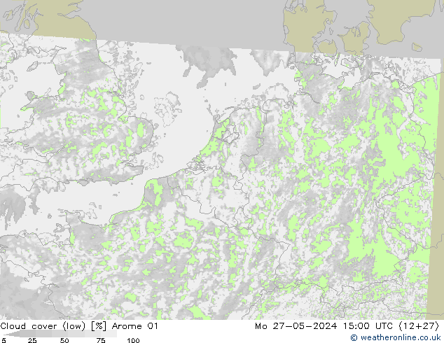 Cloud cover (low) Arome 01 Mo 27.05.2024 15 UTC