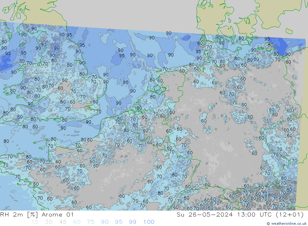 Humedad rel. 2m Arome 01 dom 26.05.2024 13 UTC