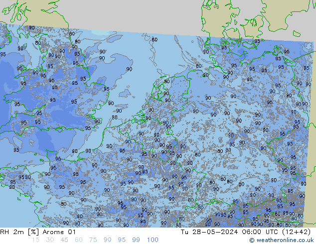 Humedad rel. 2m Arome 01 mar 28.05.2024 06 UTC