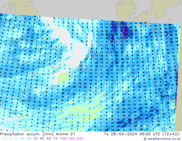 Precipitation accum. Arome 01 wto. 28.05.2024 06 UTC